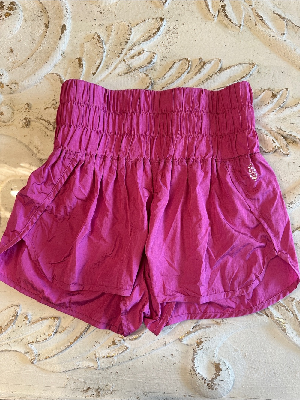Free People Smocked High-Waist Magenta Athletic Shorts- Small